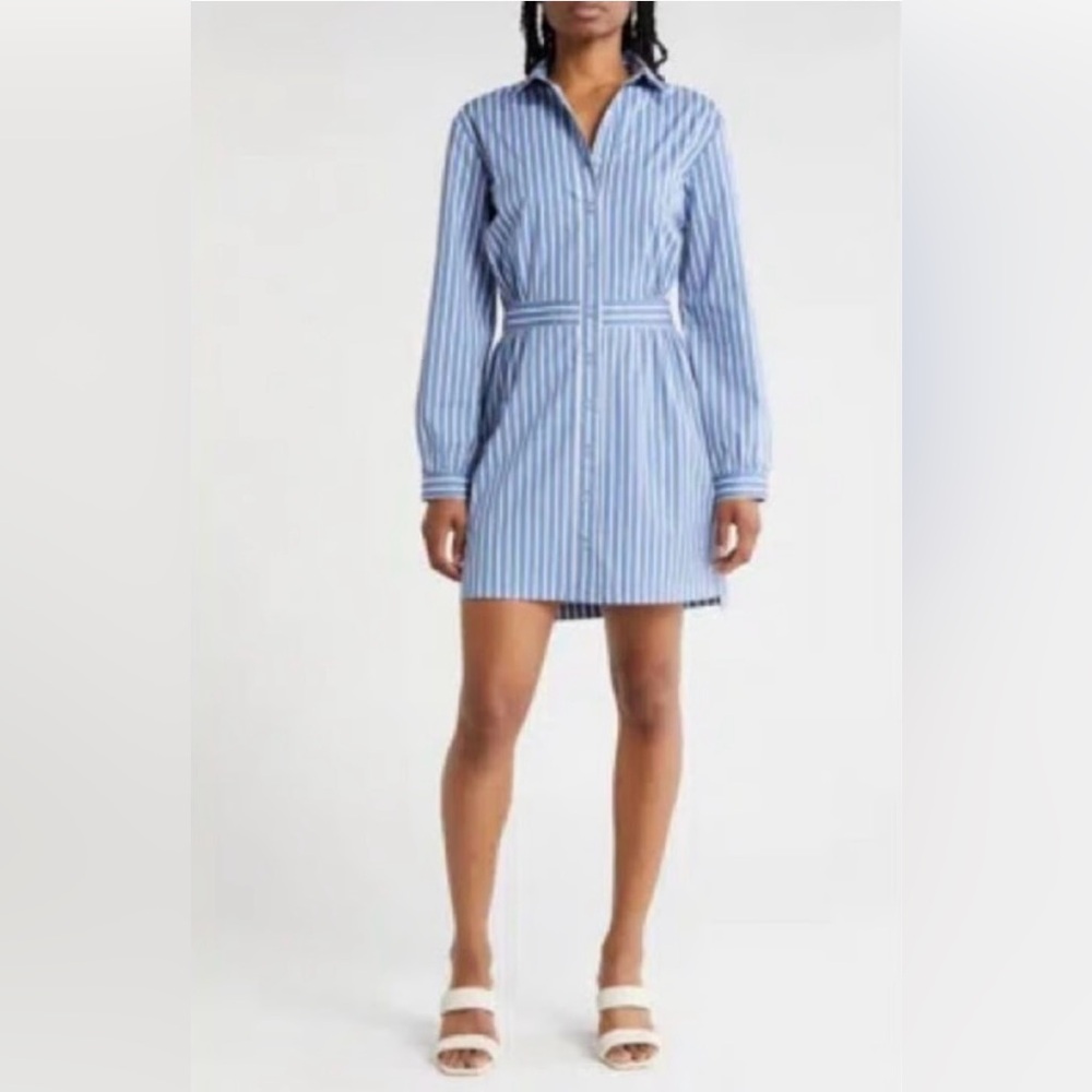 Rachel Parcel Blue and White Striped Long Sleeves Mini Shirt Dress - Size M